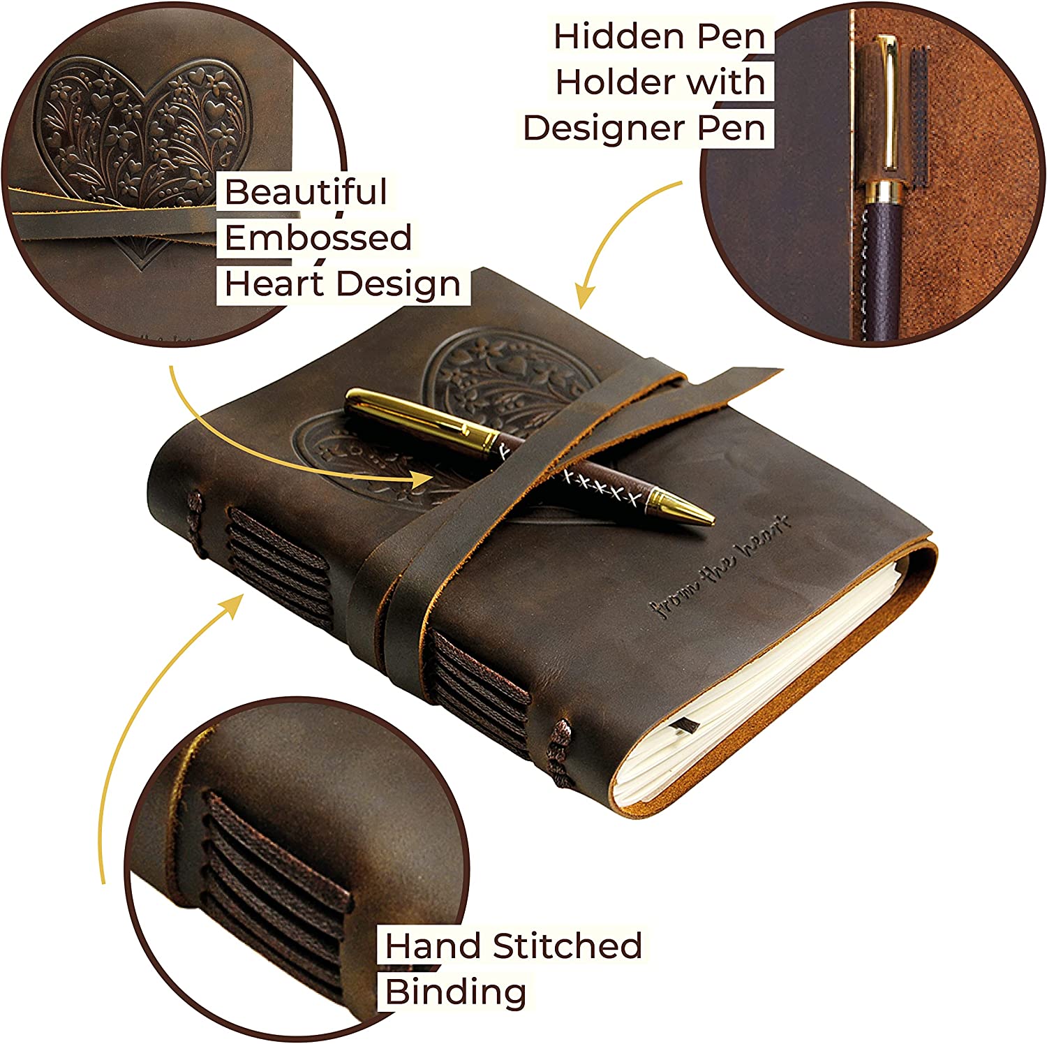 Leather Bound Journal for Women, Handmade Gift Set with Heart Flowers Embossed Journal and Stylish Pen, Vintage and Classic, Notebook, Sketchbook, Planner and Diary (300 Pages) (8x6")