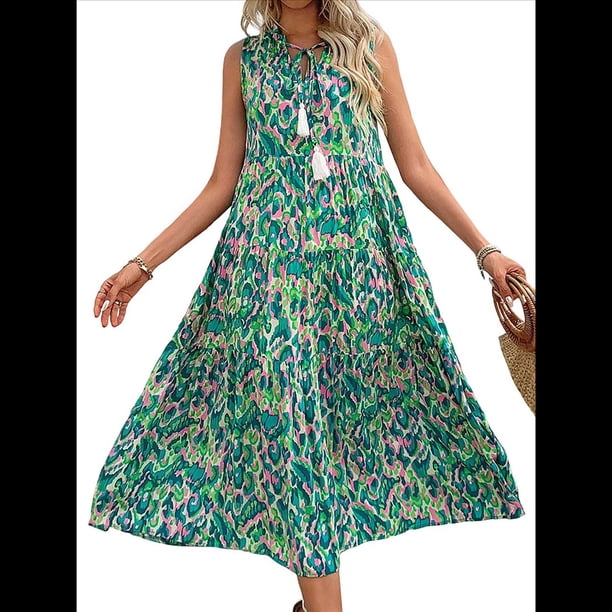 Vestido de Verano para Mujer, Sin Mangas, Bohemio, Floral, con Escote en V, Lazo Frontal, Flecos y Fluido Verde L