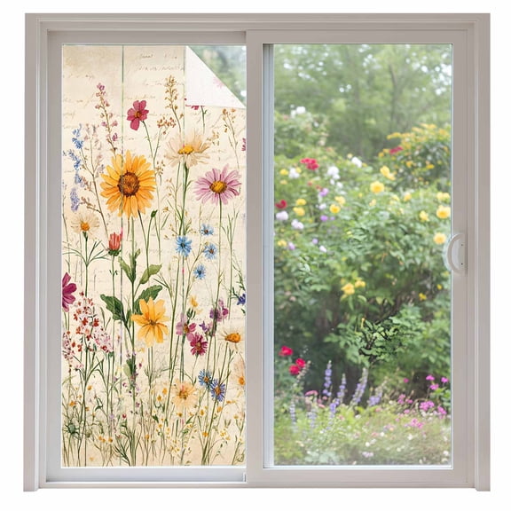 Botanical Floral Window Privacy Film, Retro Purple Pink Yellow Wildflowers Static Cling UV Sun Blocking Heat Control Window Tint Day and Night,Non-Adhesive One Way Windows Privacy Cover 35.4''x78.7''