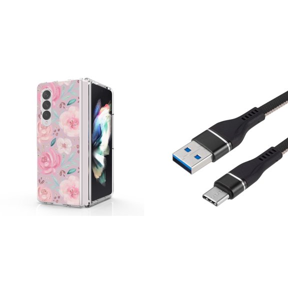 Accessory Bundle for Galaxy Z Fold 4: Slim Snap-On Case (Pink Floral), Nylon Braided USB-C to USB-A Cable (3 Feet)