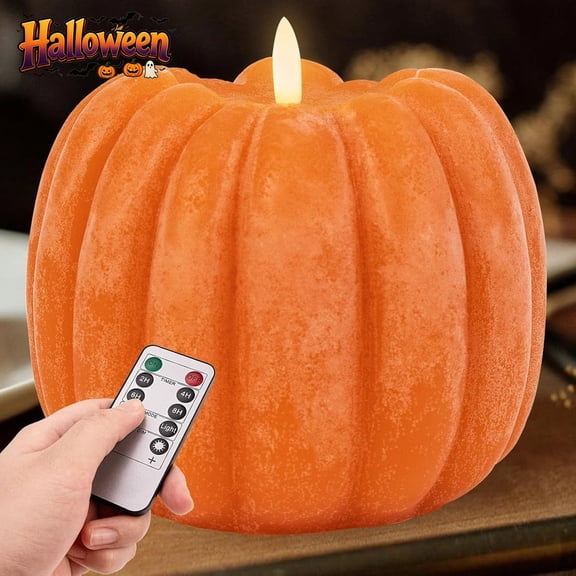 Remote Control Flameless Flickering Pumpkin Wax Candle, Battery Operated Vintage Distressed LED Pumpkin Light, Indoor Mantel Table Halloween Thanksgiving Christmas Harvest Season Home Decor Ornament