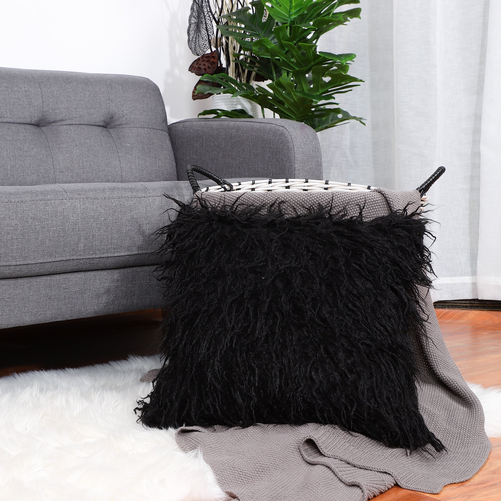 PiccoCasa Shaggy Faux Fur Throw Pillow Cover for Sofa 18"x18", Black