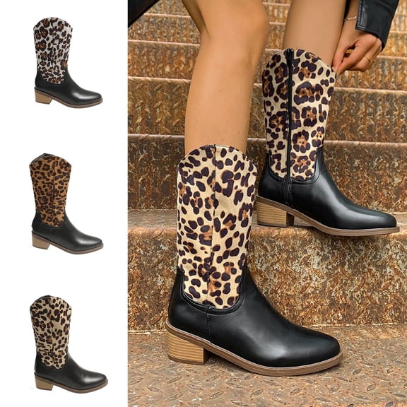 Crunowin Women's Leopard Print Suede Side Zipper Boots Plus Size Slip-Resistant Fall Winter Mid-Calf Shoes Brown Size 9.5
