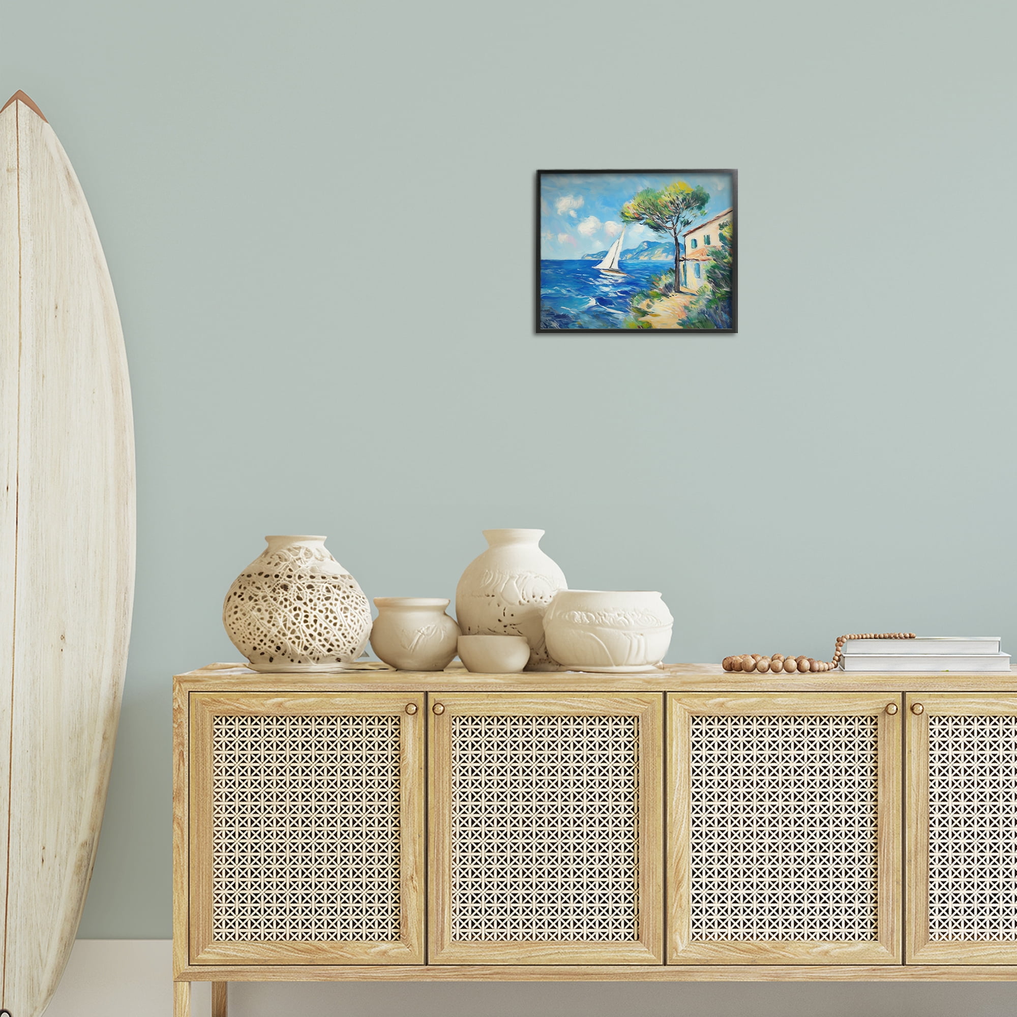 Stupell Industries Sailboat & Beach Villa Coastal Painting Black Framed Art Print Wall Art, 14 x 11