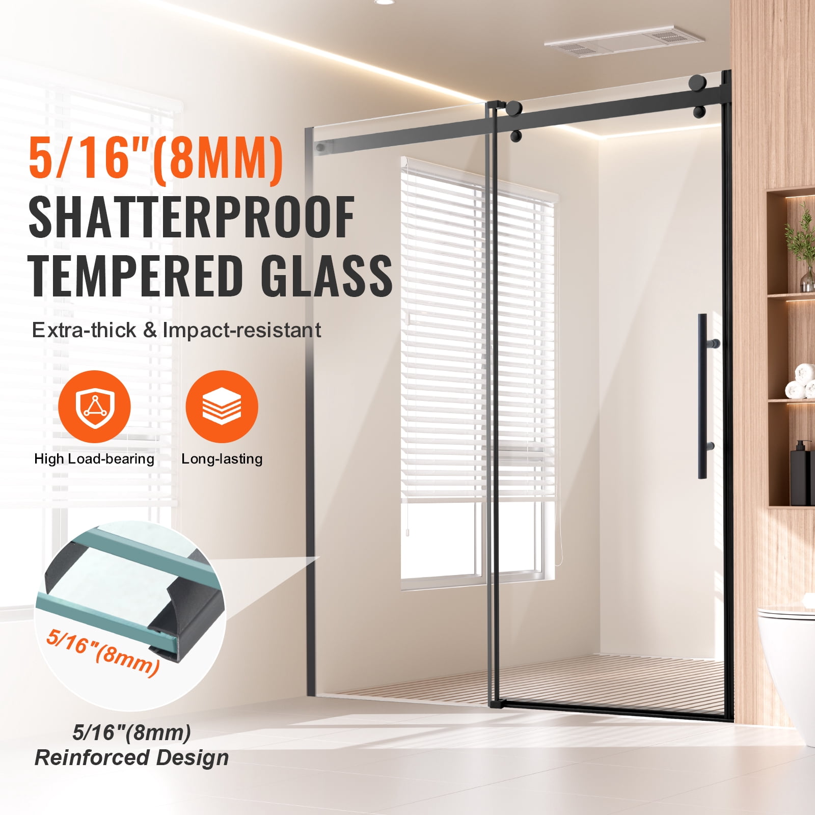 KFFKFF Frameless Sliding Shower Door, 58-59 W x 75 H in, Clear 5/16 in (8mm) Tempered Glass with Stainless Steel Components, Matte Black Finish, Waterproof and Easy to Clean