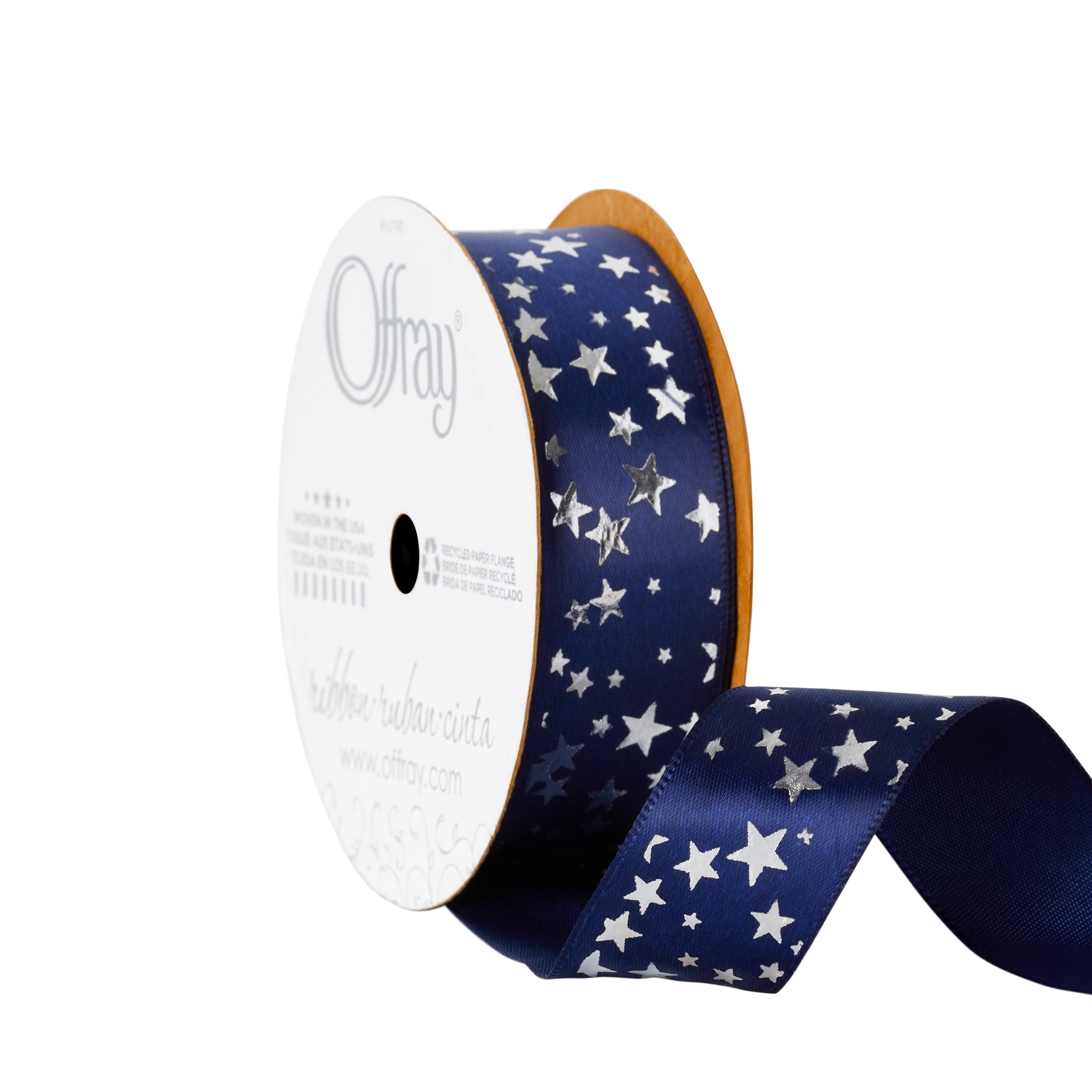 Offray Ribbon, Navy 7/8 inch Silver Stars Satin Ribbon, 9 feet