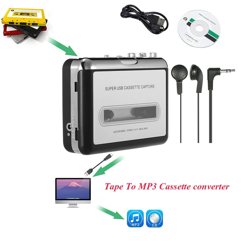 USB Cassette to MP3 Converter, Portable Walkman Cassette Audio Music Player  Tape-to-MP3 Converter with Earphones, Volume Control, Auto Reverse, No PC