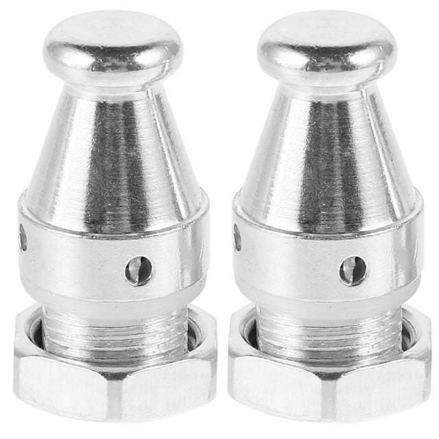 brightfufu válvula de seguridad para olla a presión, paquete de 2; dos válvulas cónicas de aluminio en vista frontal con rosca y tuerca en la base, orificios laterales de 14 mm visibles para alivio de presión, tamaño 3.20 x 1.80 x 1.80 cm, colores surtidos; accesorio de repuesto compatible con varias marcas, a menudo usado para reemplazo rápido.