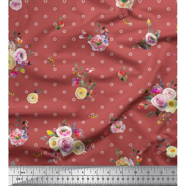 Soimoi Orange Moss Georgette Fabric Leaves,Small Circle & Floral Print Sewing Fabric BTY 42 Inch Wide