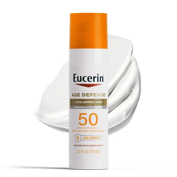 Eucerin Sun Age Defense Face Sunscreen Lotion, Hyaluronic Acid, Non-Comedogenic, SPF 50, 2.5 fl oz