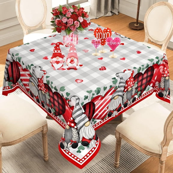 Valentines Day Tablecloth Square 70x70 Inch, Valentine Heart Tablecloths Buffalo Plaid Gnome Table Cloth Cover for Dinner Party Wedding Decor