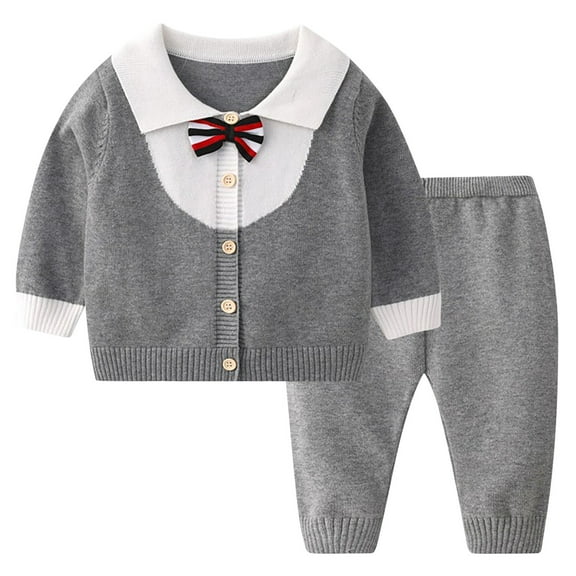 Odeerbi Infant Boys Girls Cotton Clothes Fall Winter Thermal Outfits Set Children's Casual Color Blocked Button Warm Sweater Long Sleeve Round Neck Knit Top Pants Two-piece Set Gray