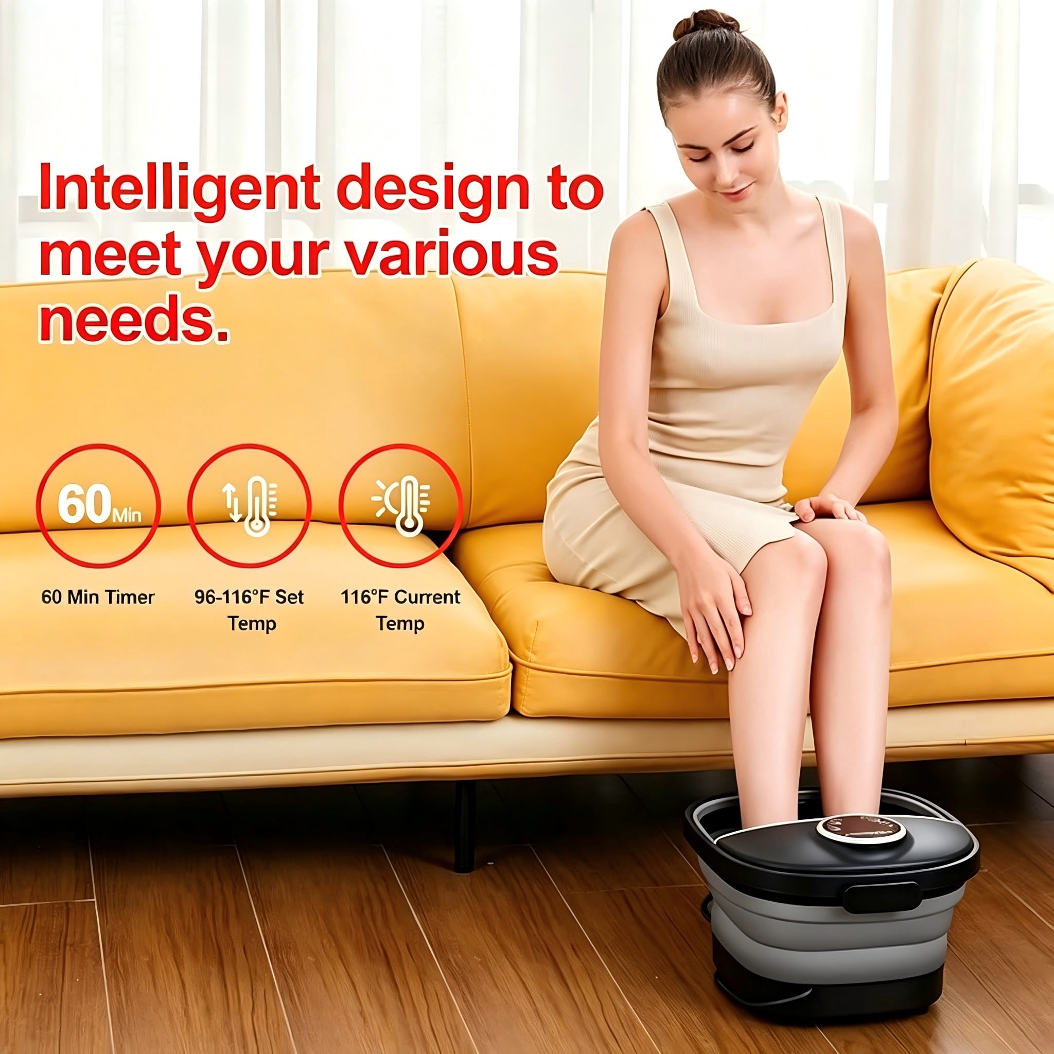 Gehana Foot Spa Massager with Heat and Bubbles - Digital Display, Collapsible Foot Bath with Massage Rollers, Temperature Control, Perfect for Foot Relaxation at Home