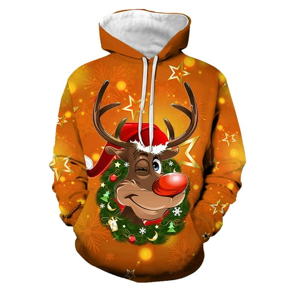 ANINEO Men Christmas Casual Loose Hood Comfortable Hooded Sweatshirt Reindeer Long Sleeve Sweatshirt Hoodie Pullover Tops Classic Male Dailywear