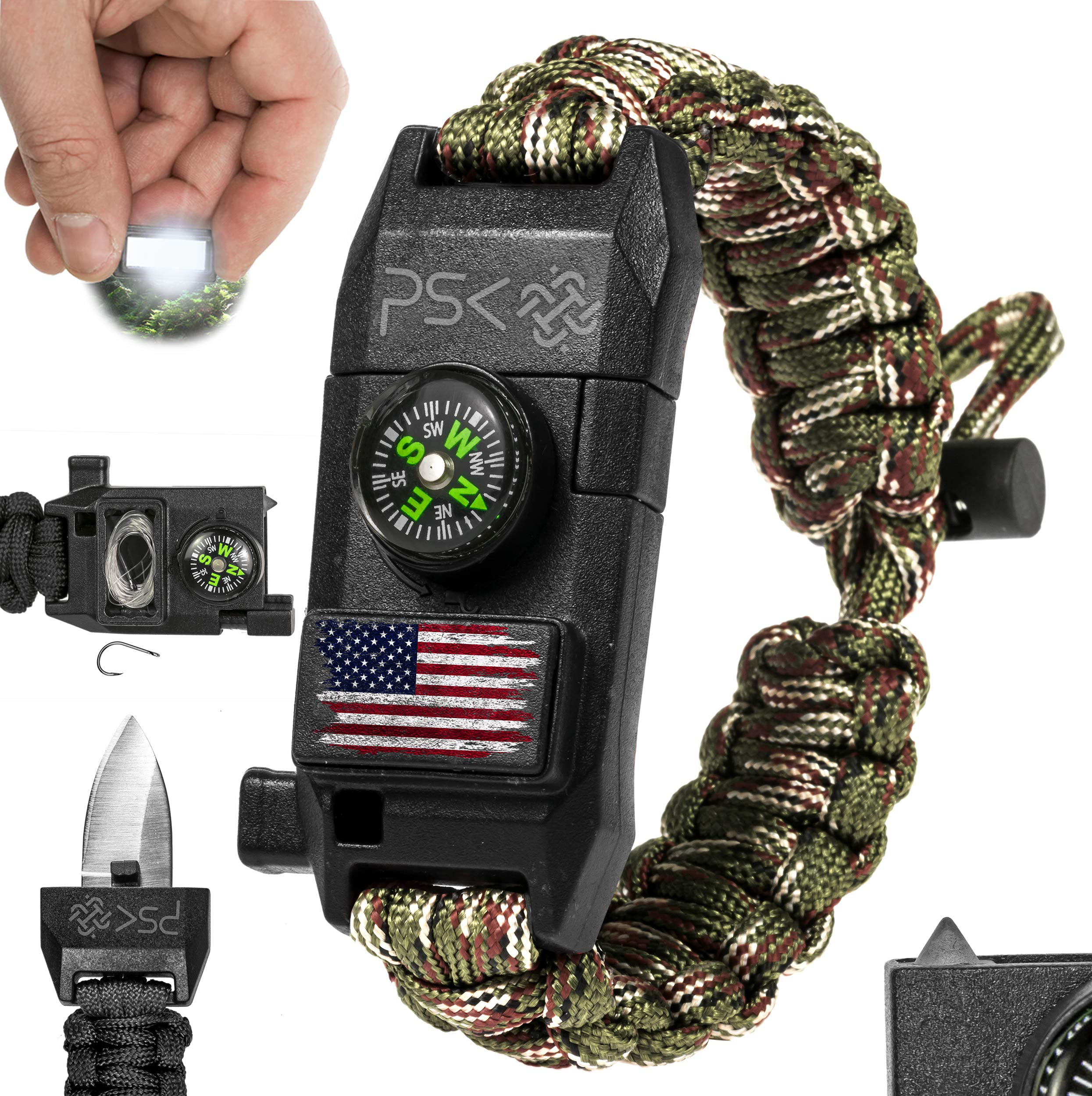 Paracord Rope Survival Bracelet Scraper Compass Flint Whistle Army Camouflag US 