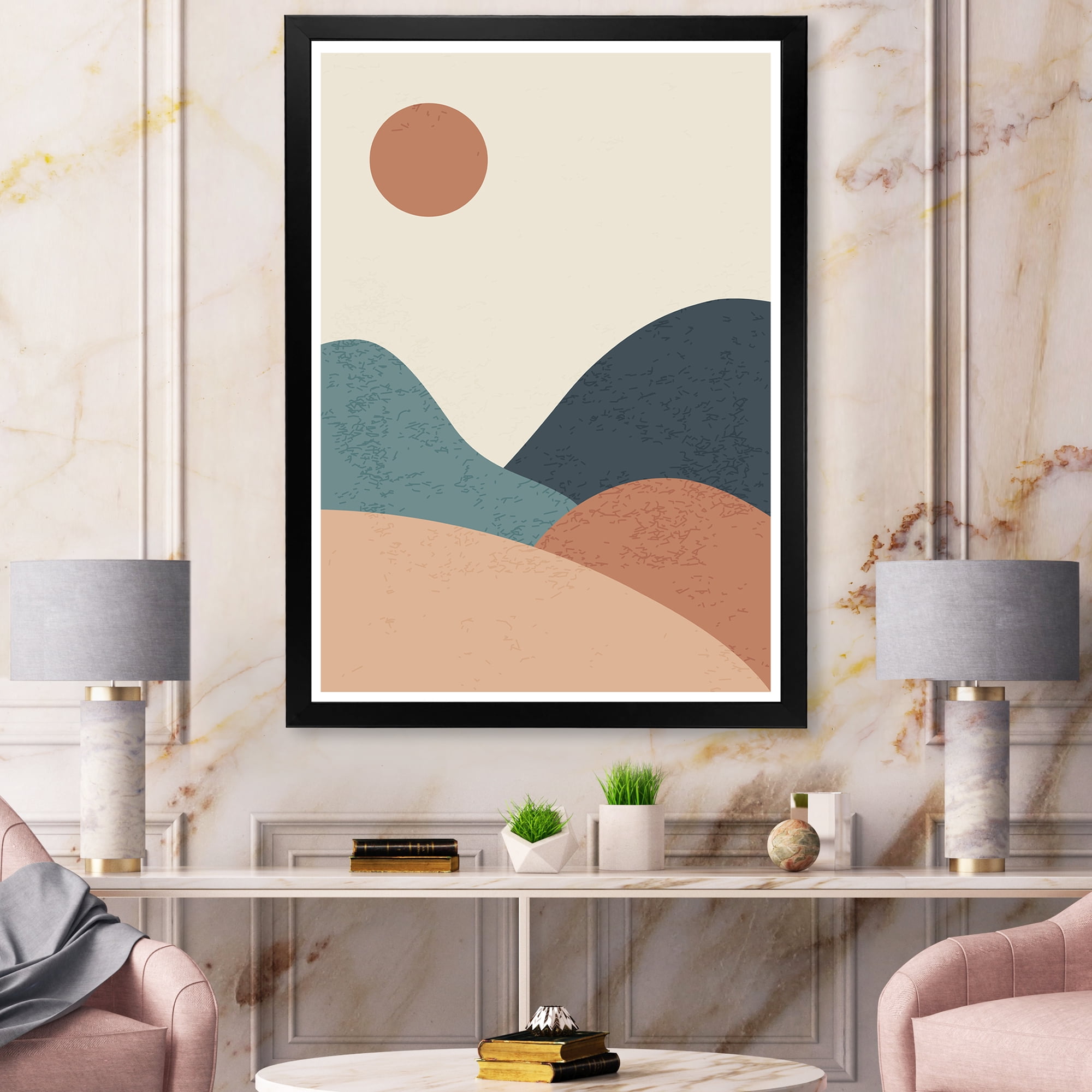 Designart 'Minimalist Vintage Landscape With Lake At Sunset' Modern Framed Art Print