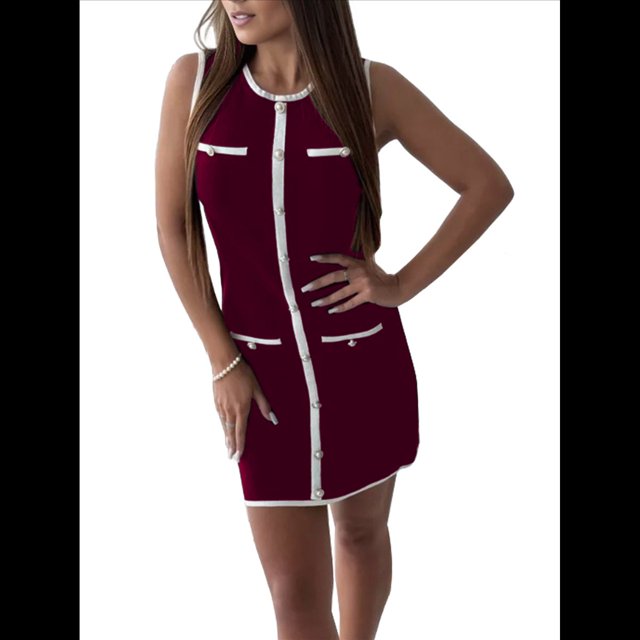 Vestidos de Negocios Informales Semiformales para Mujer, Elegantes, de Punto, Ajustados, con Botones y Bloques de Color, para Verano 2025. Vino Tinto M