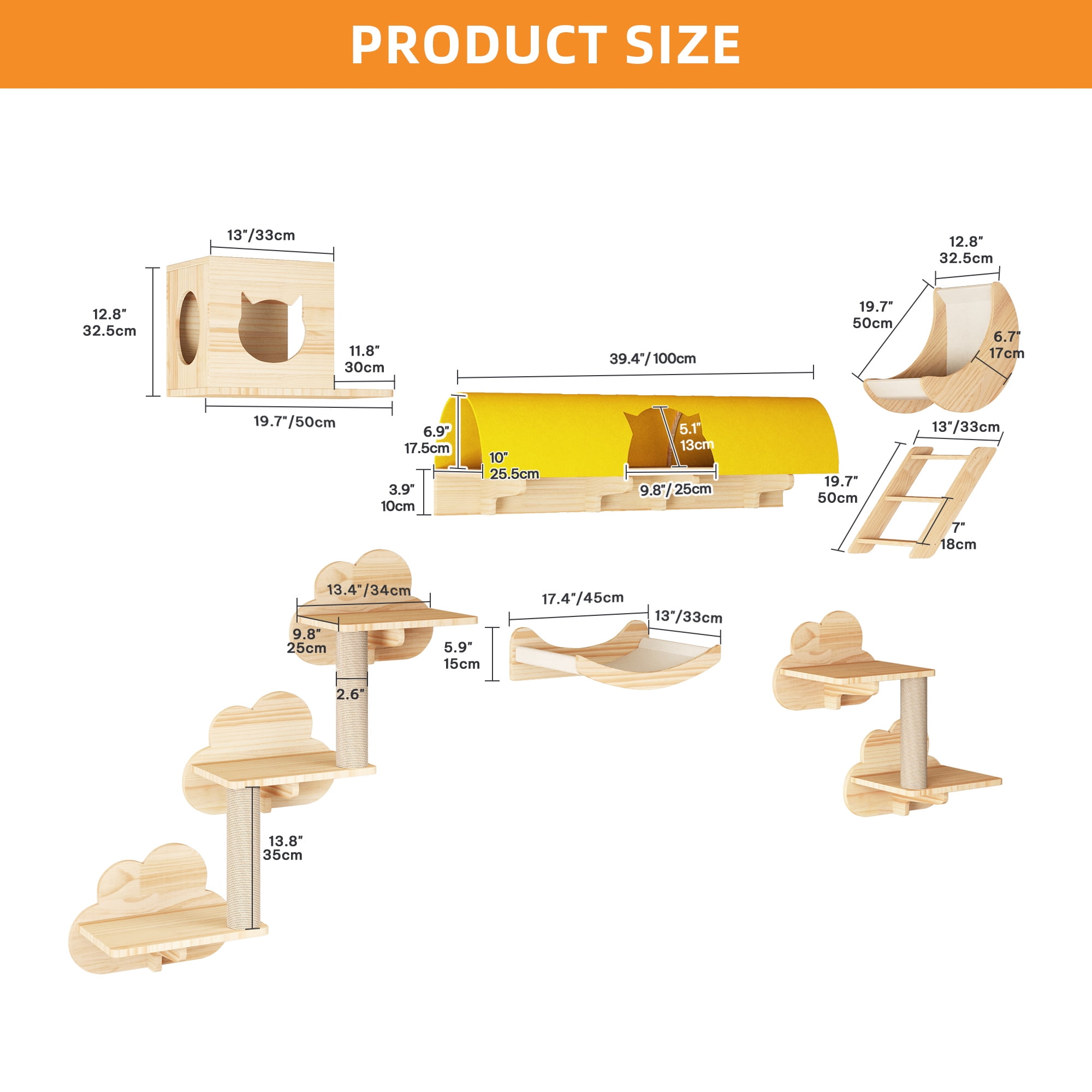 Homiflex Cat Wall Shelves Set, 13PCS Wooden Cat Wall Furniture with Tunnel/House for Multiple Cats