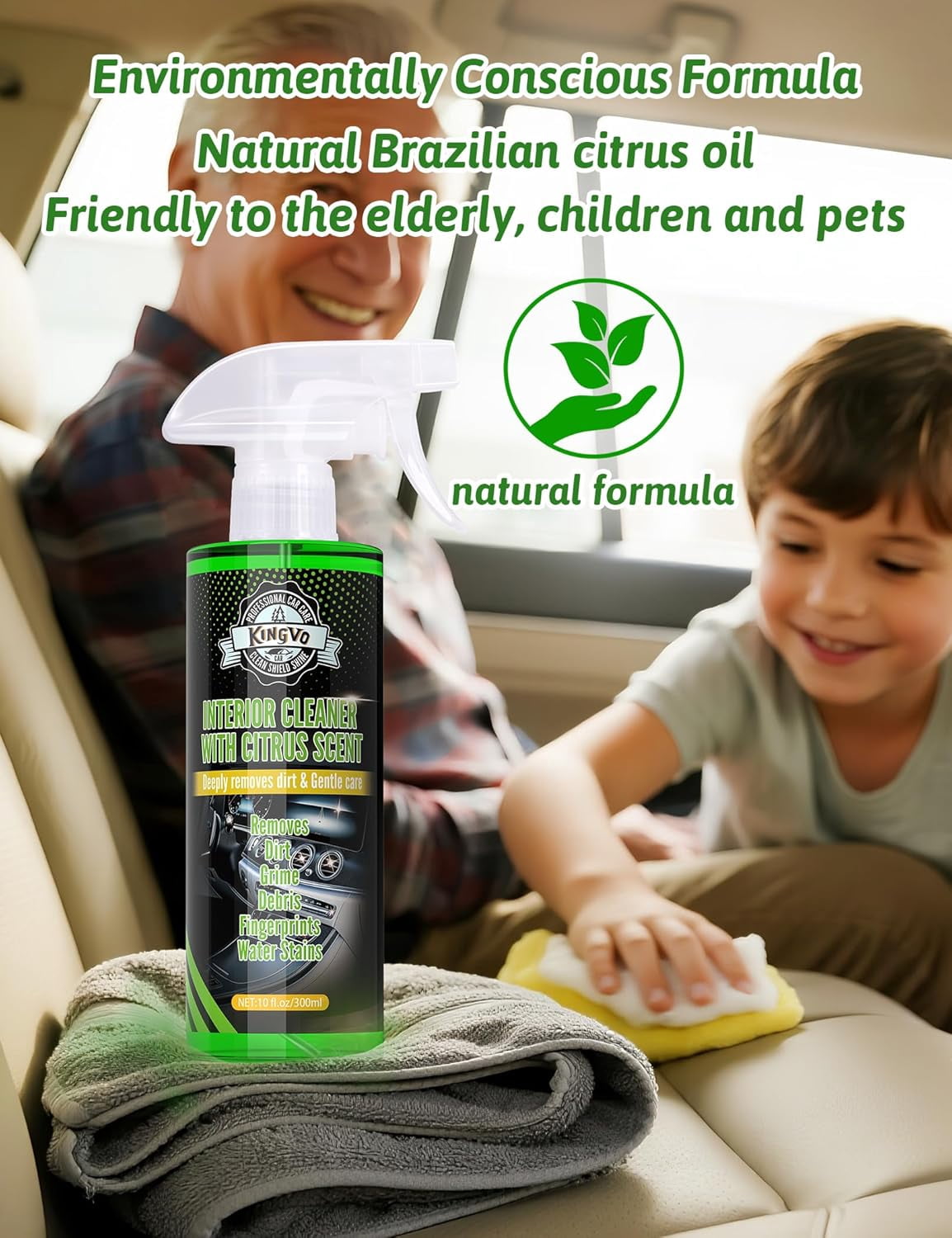 JJEAN-Car Interior Cleaner Spray, Multipurpose Leather Seat Cleaner Upholstery Car Cleaning Kit with Citrus Flavor Auto Dashboard Vinyl Detailing Supplies Kit,10 OZ