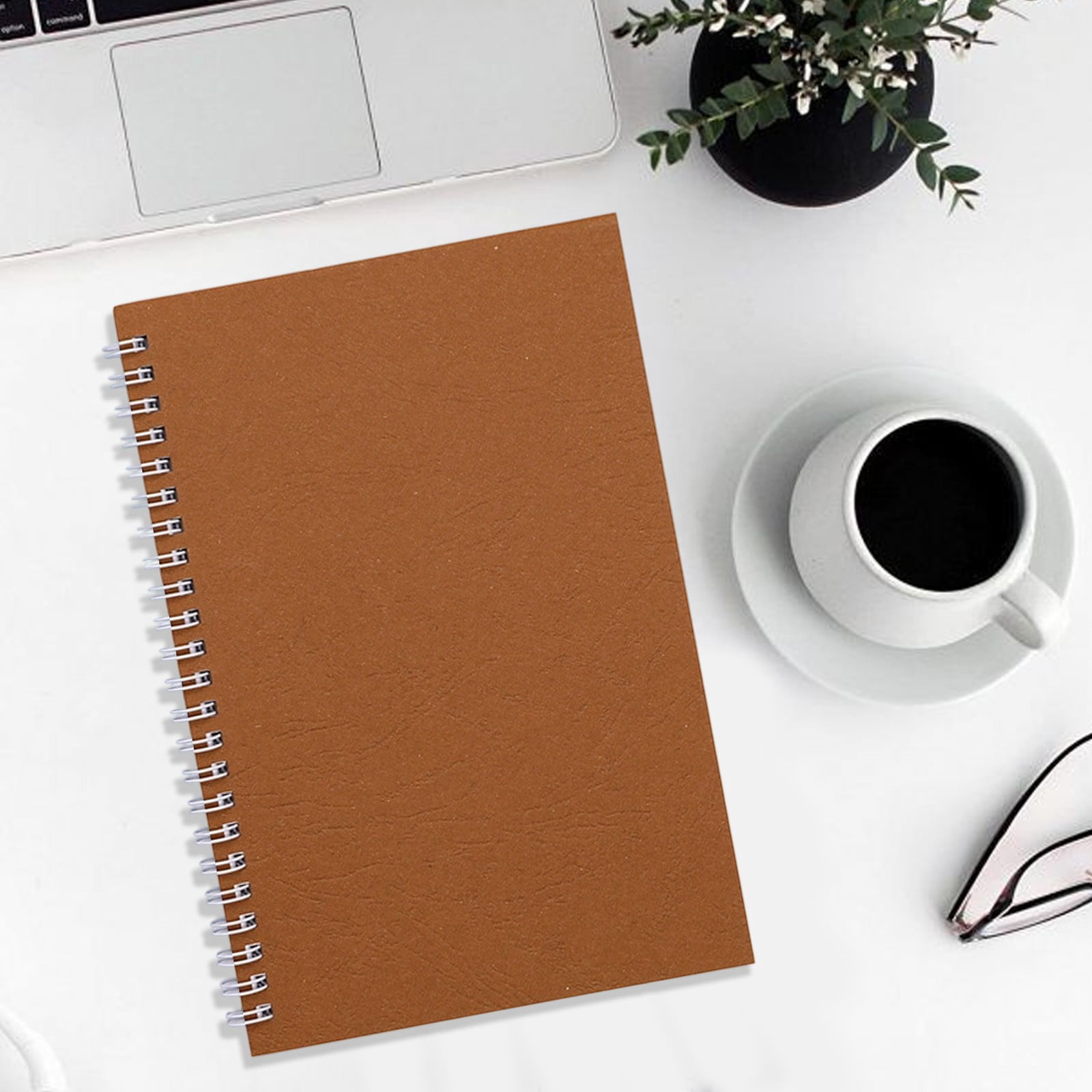 VKLU Brown A5 Spiral Notebook, Professional Leather Texture Cardboard Cover, Reinforced Wirebound Note Taking Book for Executive Planning Use