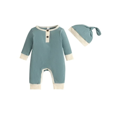

Suealasg Infant Boy Girl Fall Onesie Bodysuits Baby Ribbed Rompers Newborn Boys Girls Solid Color Long Sleeve Patchwork Jumpsuits with Hat