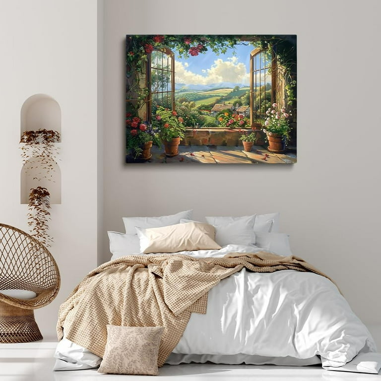 English Country Garden Landscape Cottage window Landscape Painting