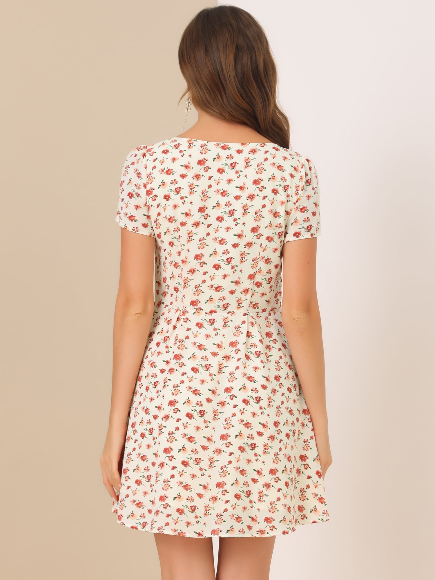 DARING DIVA Square Neck Short Sleeve Print A-Line Dress S White-Floral