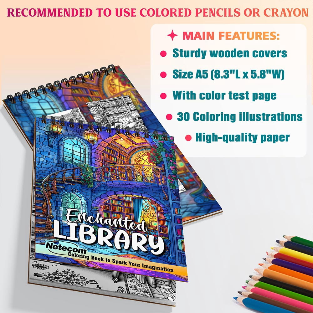 Netecom Enchanted Library Coloring Book for Adults, A5 Wooden Cover, 30 Enchanting Coloring Pages of Mystical Books and Shelves for Stress Relief and Relaxation, Spiral Bound Edition