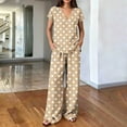 thumbnail image 2 of Women's Polka Dot Print V Neck Short Sleeve Top Dual Pocket Wide Leg Pants 2 Piece Outfit, Loose Summer Casual Matching Set Khaki M(M), 2 of 6