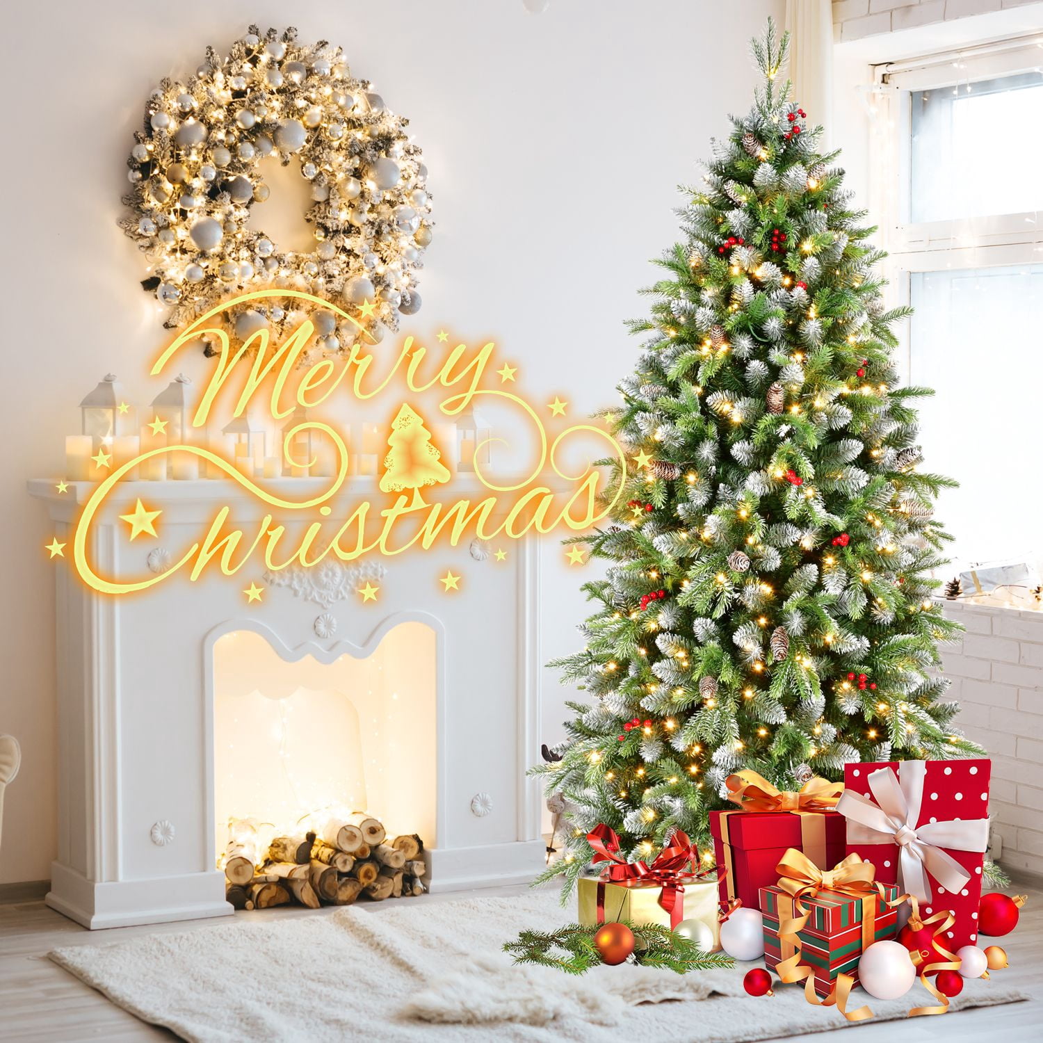 Alvantor 6ft Pre-Lit Christmas Tree Artificial Tree with 1264 Tips & 380 LED Lights & Pine Cones for Indoor Holiday Decoration Green