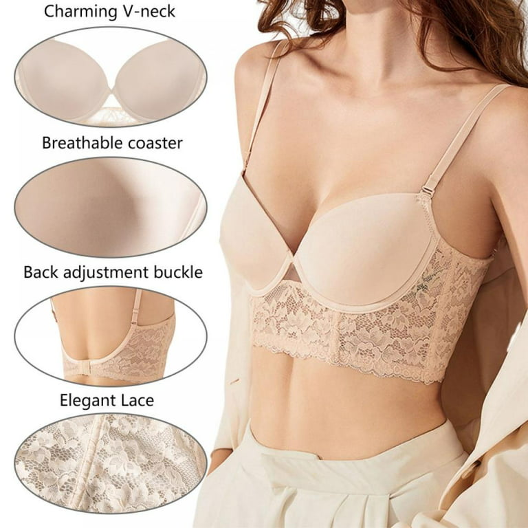 Spdoo Women's U-shaped Open Back Bra Thin Lace Spaghetti Straps Gathered  Hanging Neck Underwear for Wedding/Low Back Dress