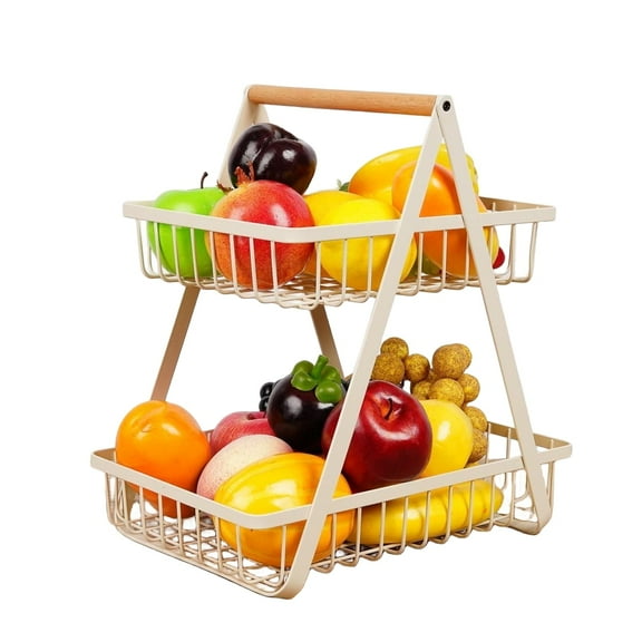 Freaswind 2 Tier Countertop Fruit Basket Bowl for Kitchen, Kitchen Counter Metal Wire Storage Basket Fruits Stand Holder Organizer for Bread Snack Veggies Produce Rectangular, White