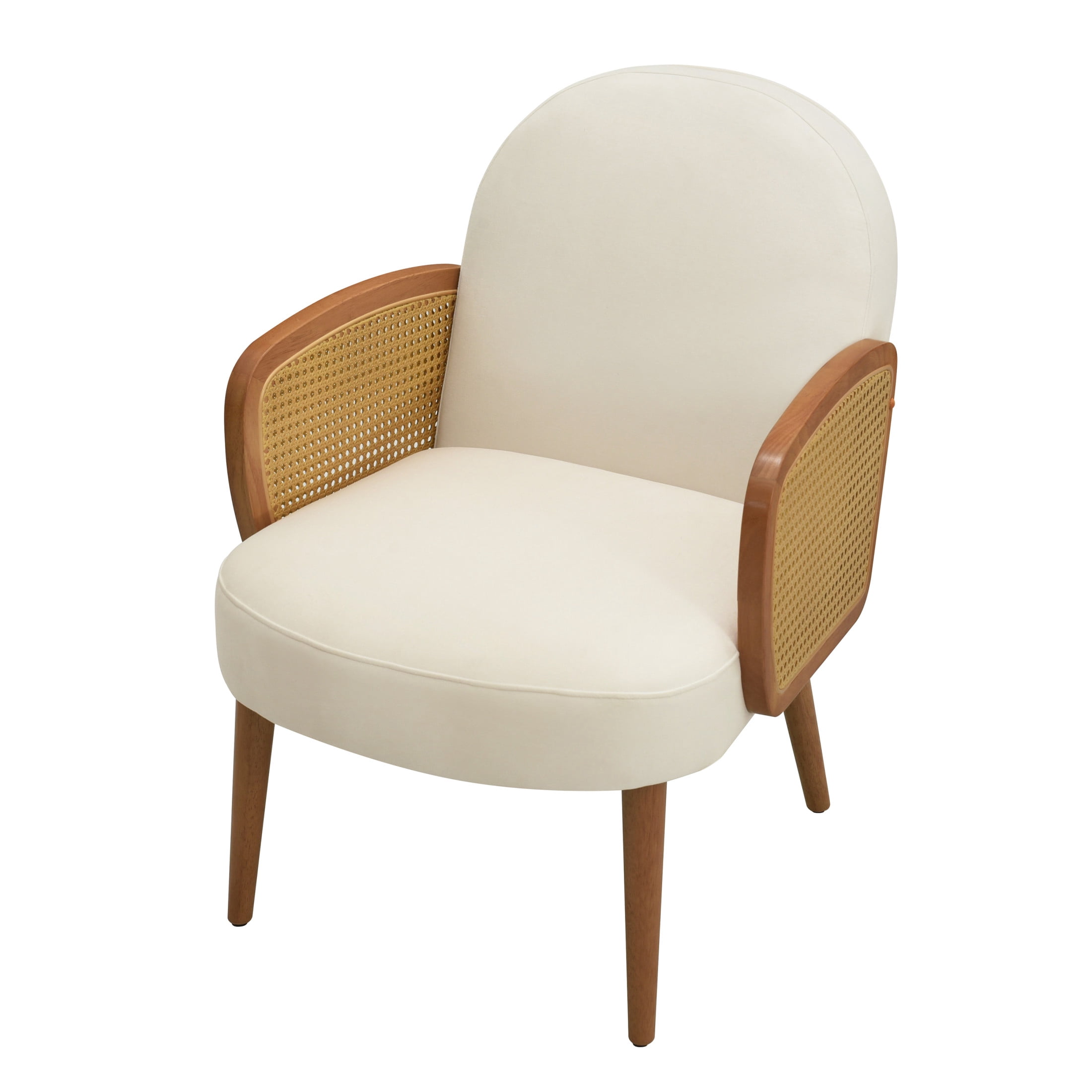 Miles Mid-Century Velvet Upholstered Accent Chair with Rattan Armrests, Solid Wood Legs, Ivory