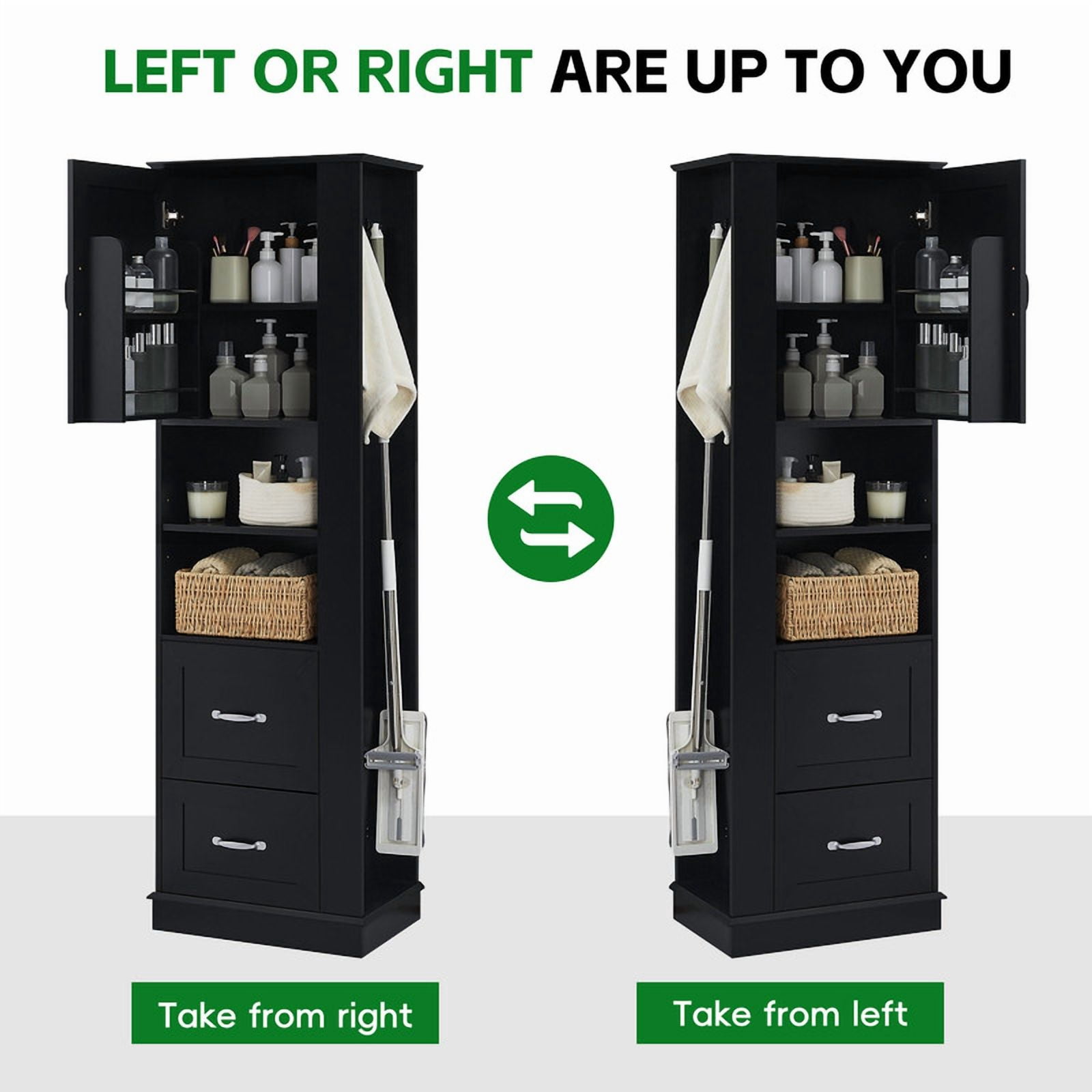 Freestanding Bathroom Storage Cabinet, Pantry Sideboard Storage Cabinet with Side Hooks, Drawers & Adjustable Shelf