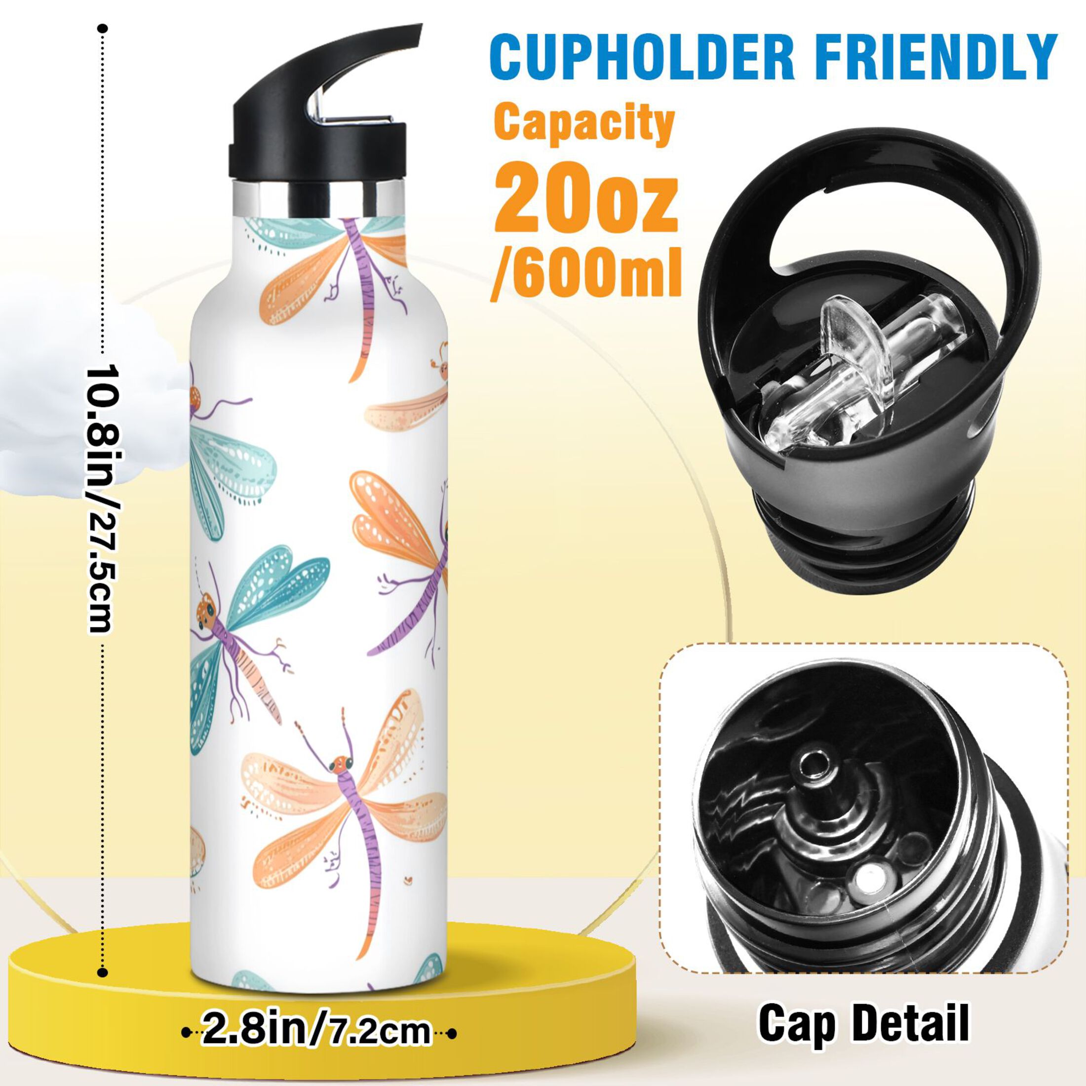 Kids Insulated Stainless Steel Sports Water Bottle 600ml (20oz) Cartoon Dragonflies Pattern