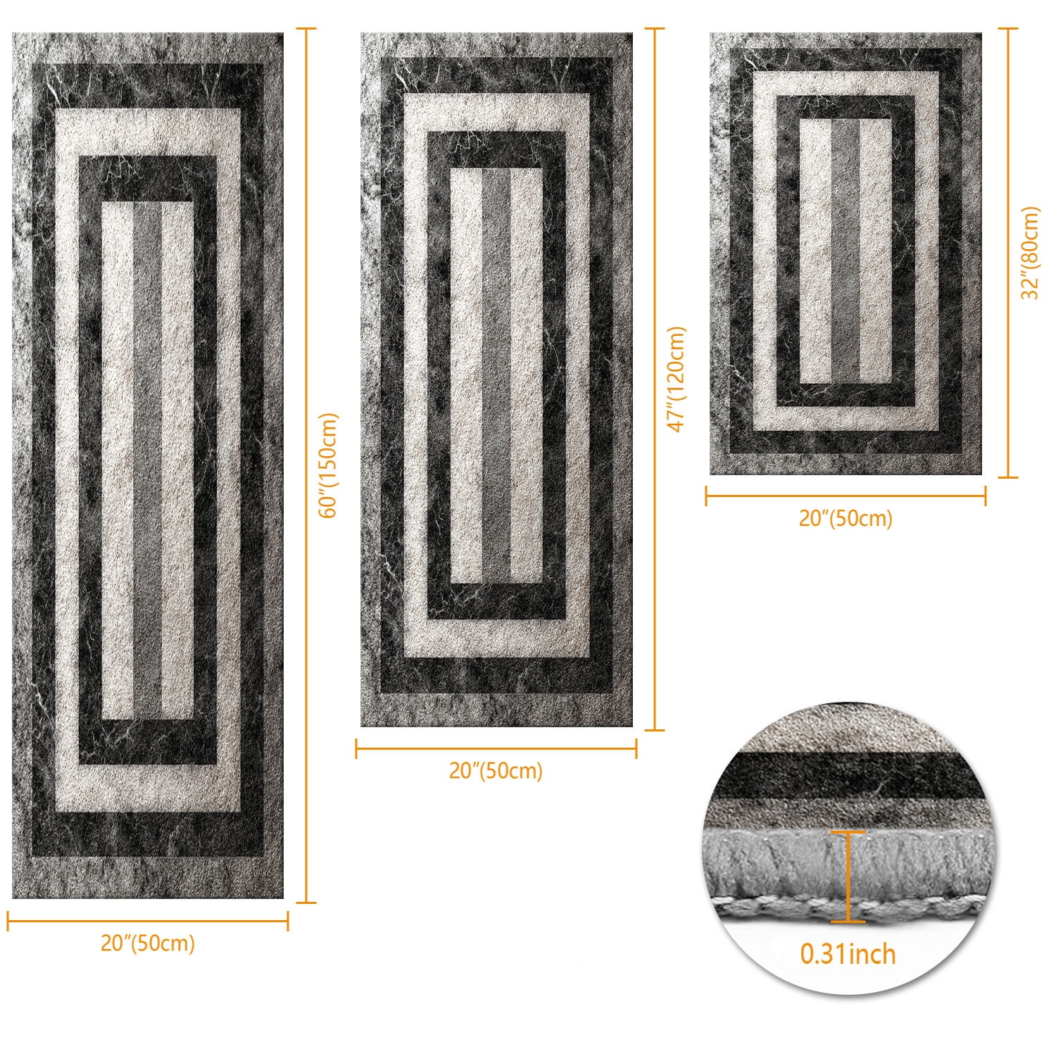 3-Piece Farmhouse Kitchen Rug Set, Washable Anti Slip Striped Floor Mats in 3 Sizes, Stain Resistant Decor Rugs for Kitchen Hallway Bathroom Home Christmas Decor