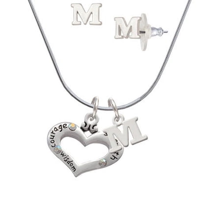 Heart with 3 AB Crystals – Courage Strength Wisdom – M Initial Charm Necklace and Stud Earrings Jewelry Set