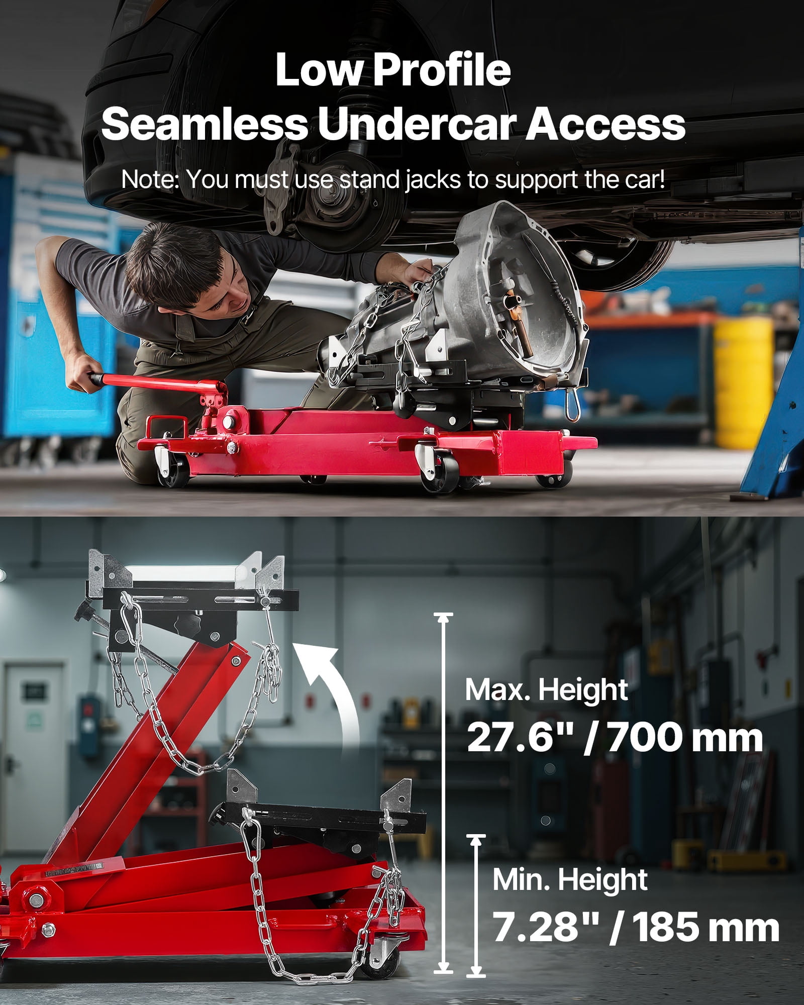 VEVOR Low Profile Floor Jack, 2200 lbs / 1 Ton Lifting Capacity Telescoping Transmission Floor Jack, 7.28-27.6 in Lifting Height, Flexible 360° Swivel wheels, Heavy-Duty Lift Hoist for Garage/Shop