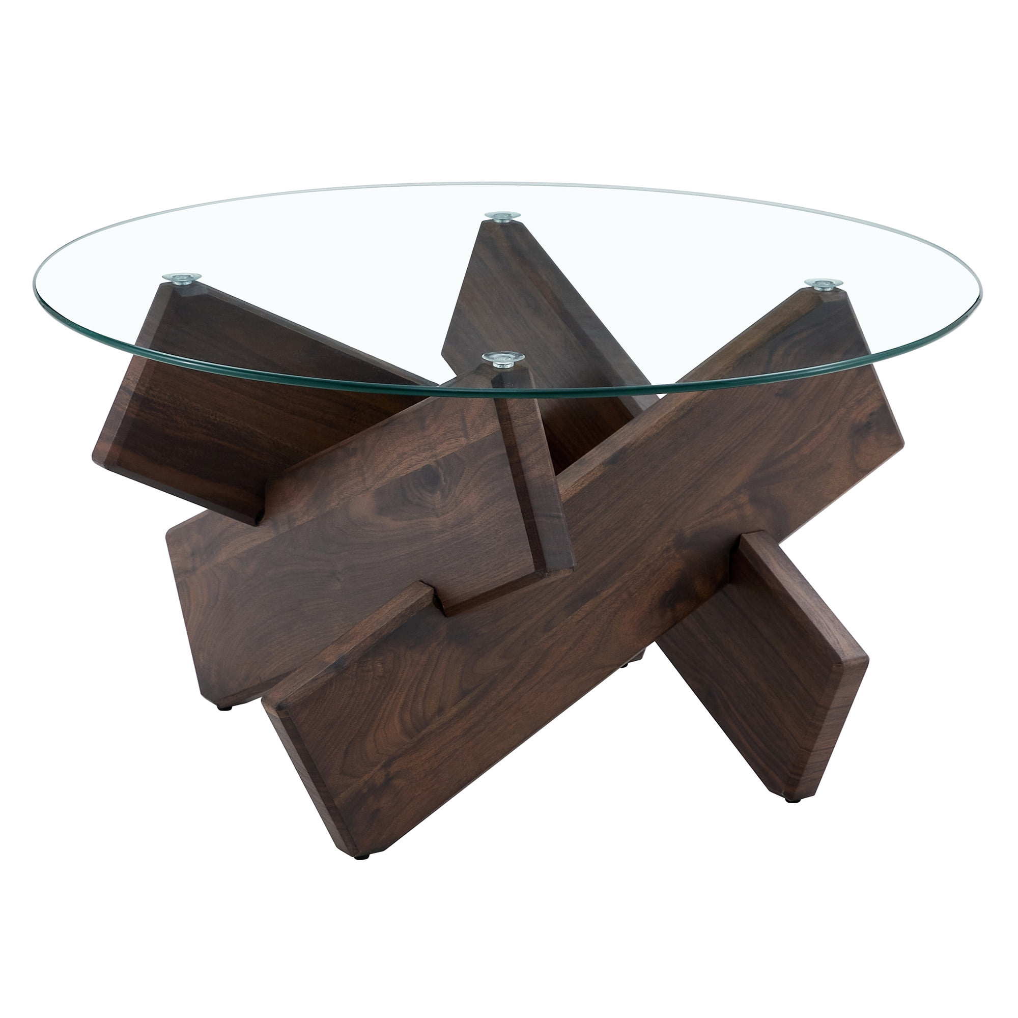 PORKISS Coffee Table, Glass Round Coffee Table for Living Room with Wood Legs, 33.4" Farmhouse Tea Table for Apartments, Reception Rooms, Center Table, Walnut