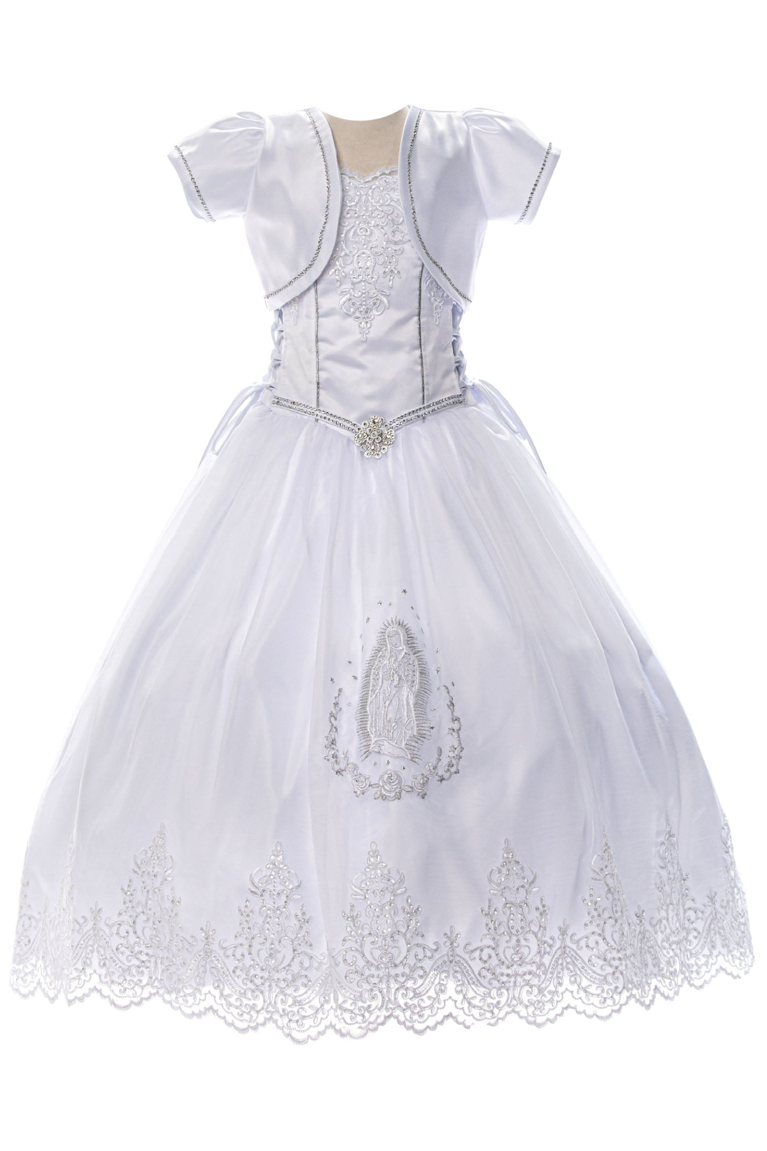White First Communion Long Dress Virgin Mary Guadalupe Hi-Low Gown Bolero Party 
