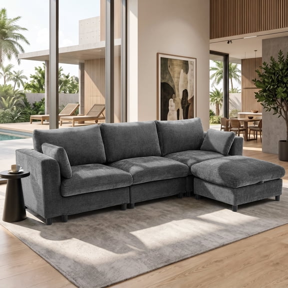 Hvoonc 115" Modular Sectional Sofa for Living Room, Chenille L Shaped Couch with Storage Ottoman, 21.3" Deep Seat, Washable Covers, Dark Gray