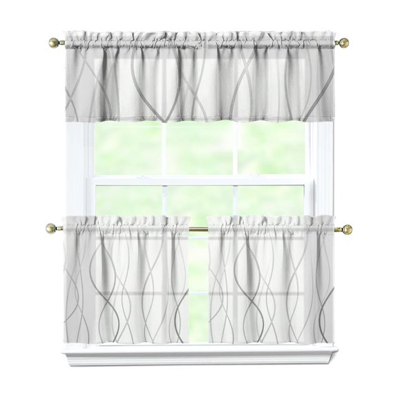 Grey Gradient Line Kitchen Curtains and Valances Set-3 Piece Kitchen Curtains Sets with Valance for Windows Rod Pocket Machine Washable Kitchen Decor(54"x18" 2x27.5"x24")