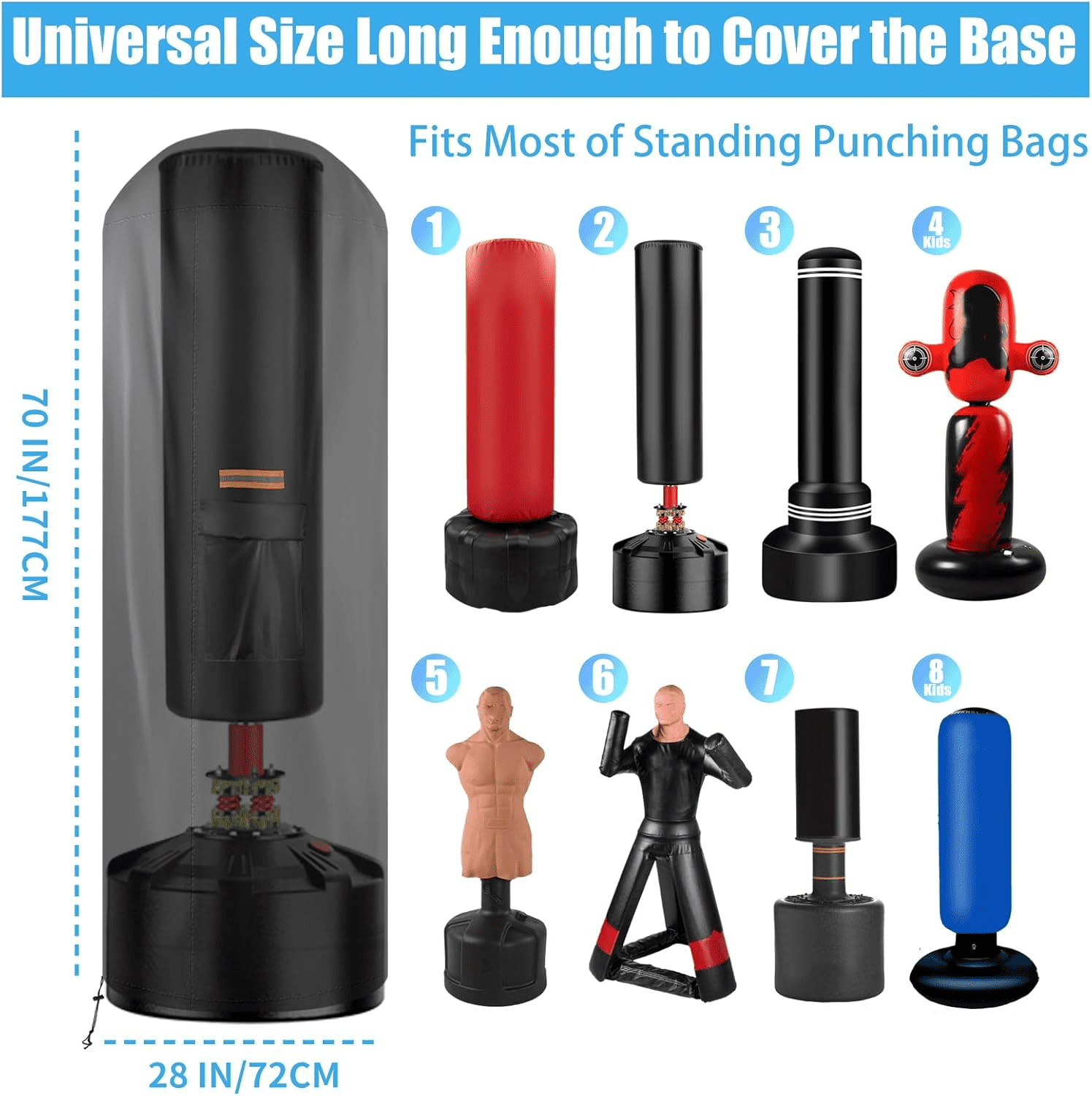 Smlper 70" x 28" 420D Oxford Free Standing Punching Bag Cover, Reflective Thicker Handle, Waterproof Zipper, Full Protector for Dummy Boxing Bag(Black)