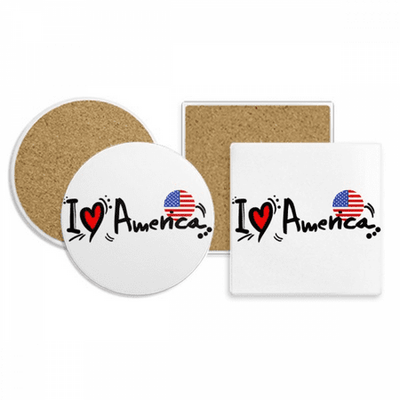 

I Love America World Flag Heart Coaster Cup Mug Holder Absorbent Stone Cork Base Set