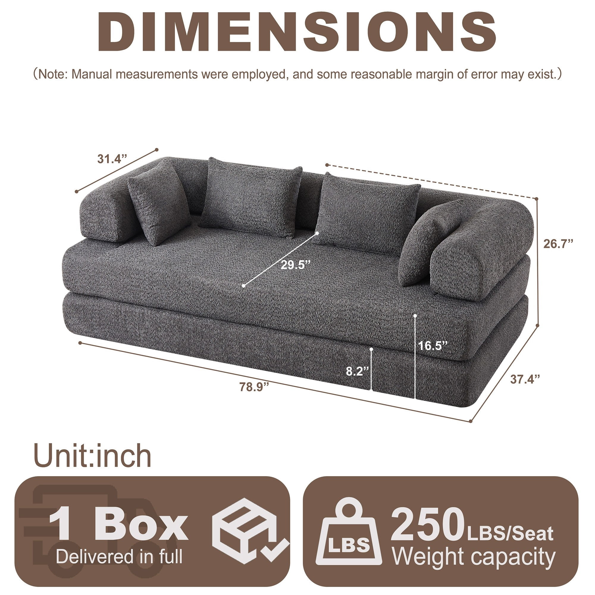 Sailvan 78.9" Convertible Sleeper Sofa, Modular Chenille Folding Mattress Sofa Bed with 4 Pillows, No Assembly Floor Lounge for Living Room Grey