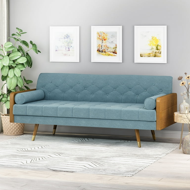 GDF Studio Aidan Mid Century Modern Tufted 3 Seater Sofa with Bolster Pillows Blue Fabric and Dark Walnut