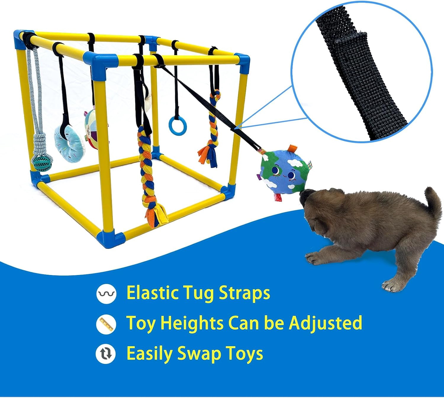 Puppy Play Gym with 8 Hanging Toys, Small Dogs Indoor Jungle Gym, PVC Frame with Bungee Straps Enrichment Activity Center