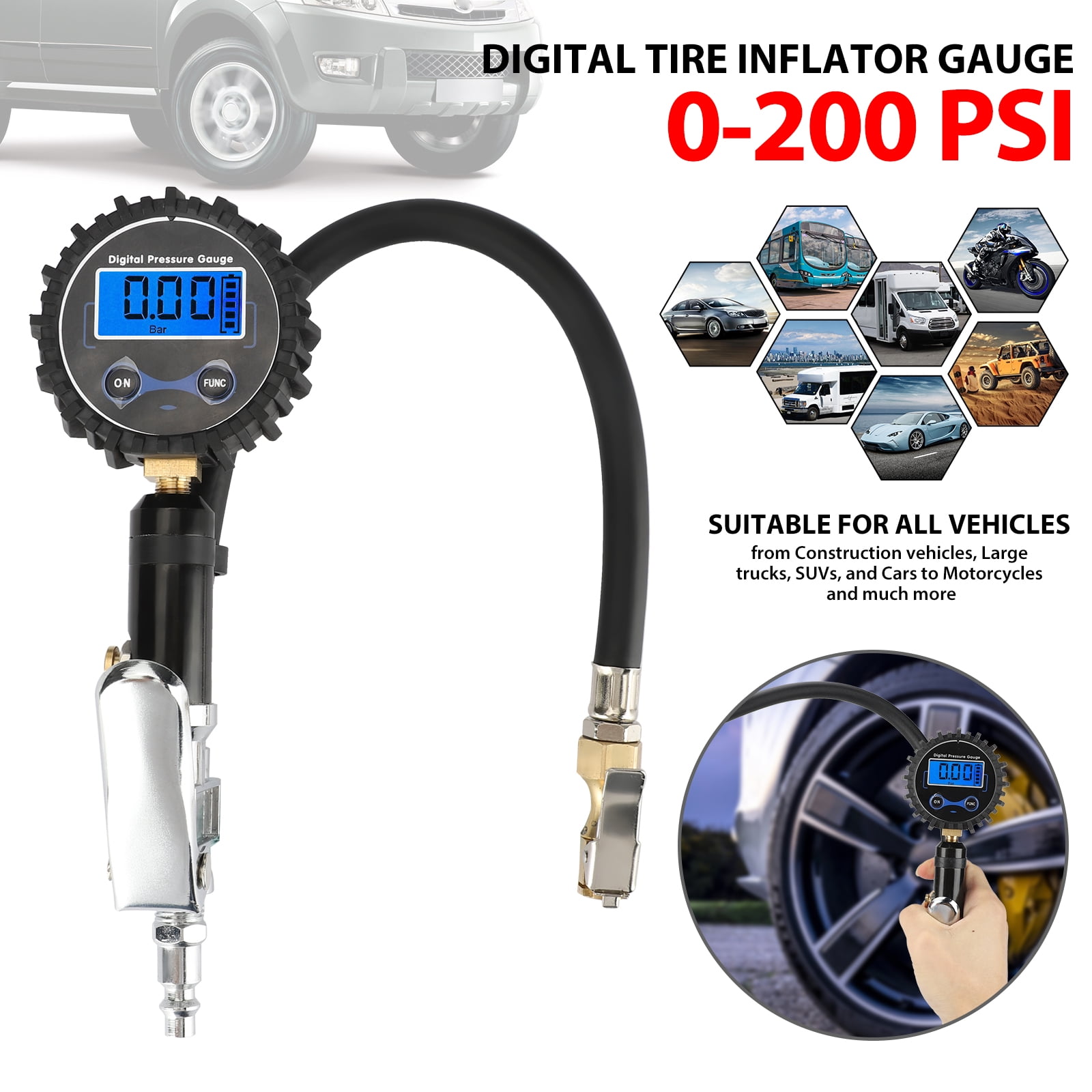 AUTO AIR GAGE TIRE INFLATOR FOR AIR COMPRESSOR DIGITAL PRESSURE GAUGE WITH CHUCK 