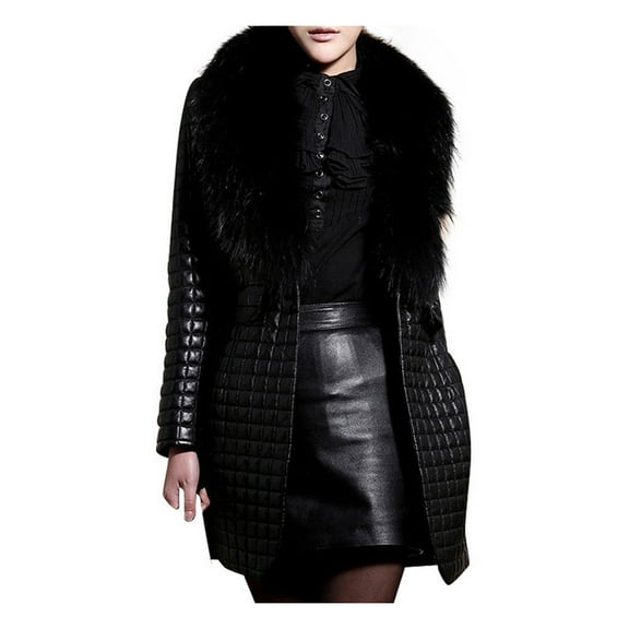 Lyinloo Women Winter Faux Leather Fur Long Sleeve Coat Jacket Outerwear Long Overcoat Black M