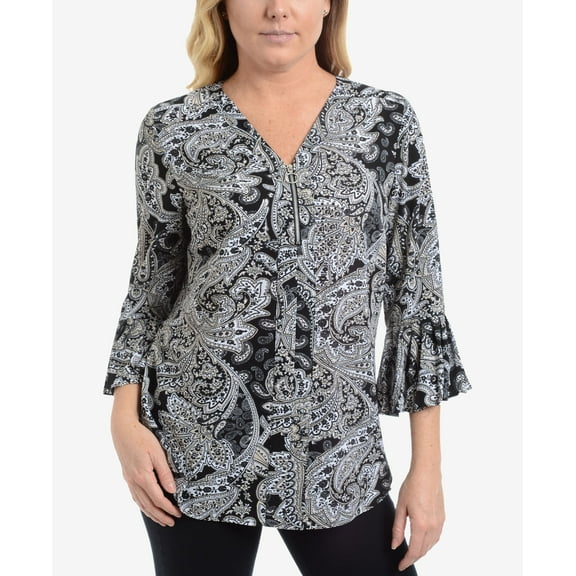 NY Collection Striped V Neck Quarter Zip Blouse Iron Pais XL